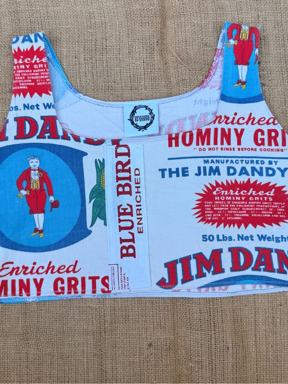 Handmade Vintage Jim Dandy Blue Bird Print Crop Tank Top